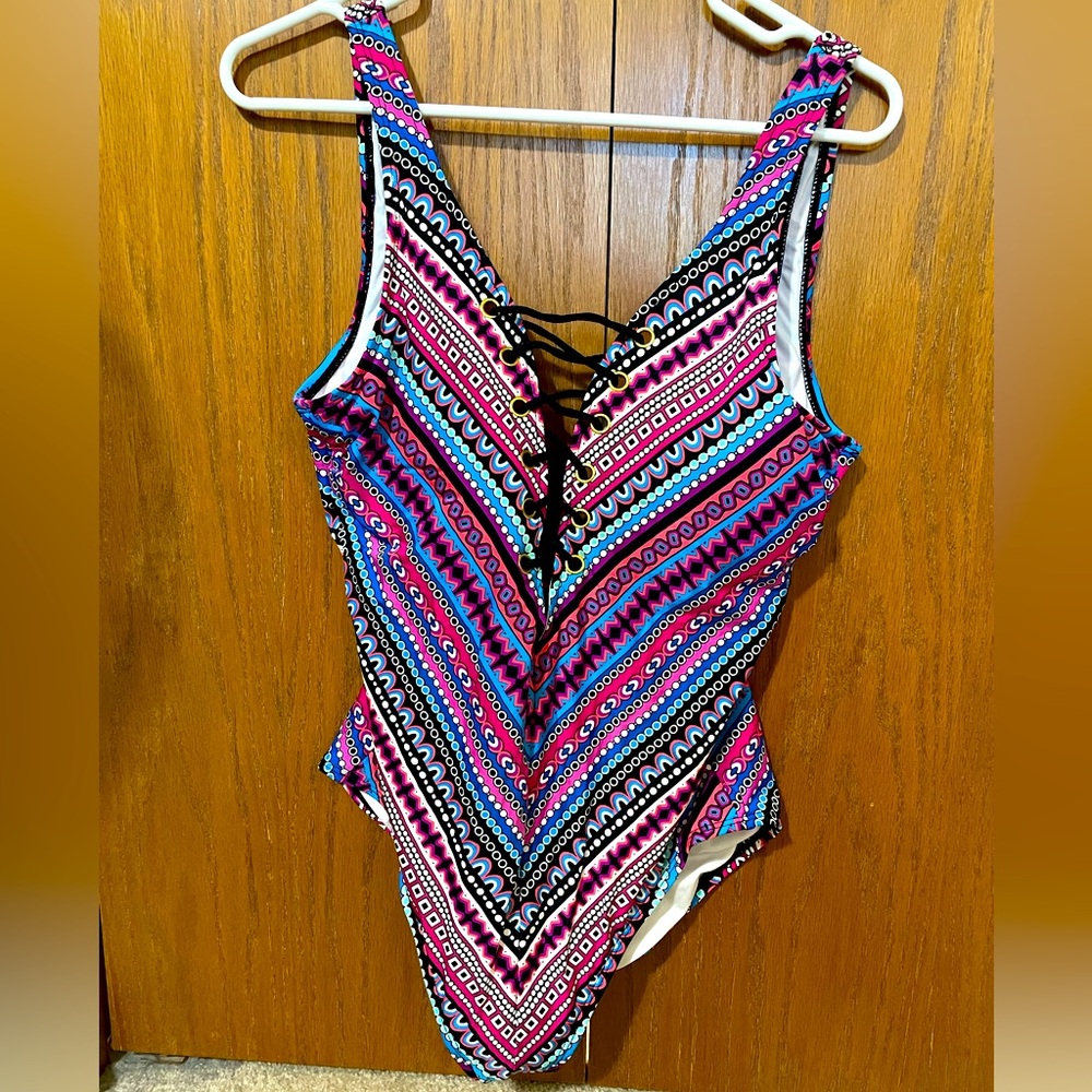 One piece multi-colored swimsuit.